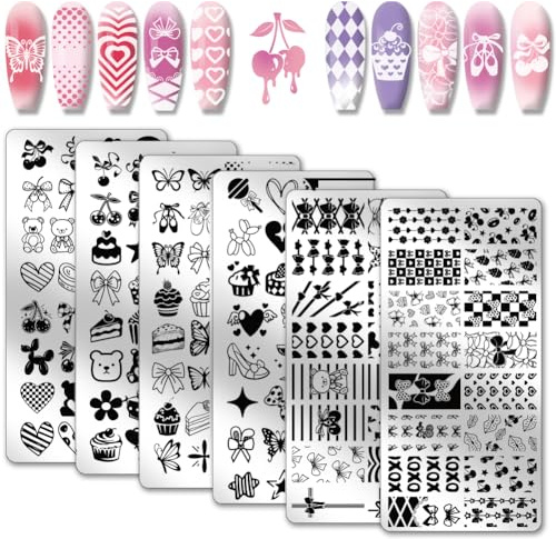 PH PandaHall 6pcs Bows Hearts Nail Stamping Plates Cute Bears Nails Art Stencils Cakes Nail Art Templates Butterfly Print Nails Stencils Cherry Nail Image Plates for Valentine's Day Manicure Salon