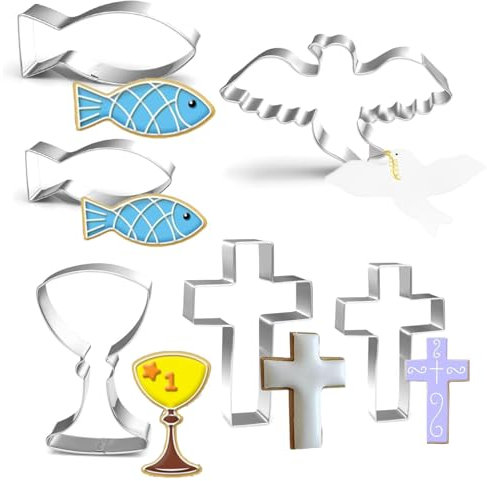 LKPUPKJ Lot de 6 Emporte Pièces en Forme de Colombe, Poisson, Ange, Croix, Calice, Baptême Cookie Cutter Communion, Set Emporte Pièce Poisson Communion, Emporte Pièce Confirmation