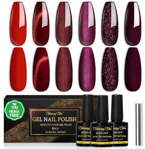 Shining She UV Nagellack, HEMA-Free TPO-Free, 6 Farben Glitzer Rot Burgunder Cateye Rot Gel Nagellack Dauerhaft Soak-Off UV Gel Nail Polish Winter für Maniküre Salon DIY zu Hause, 8ML