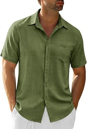 Runcati Camicia da Uomo a Maniche Corte, Estiva, Uomo, Tinta Unita, Button Down, per il Tempo Libero, Vestibilità Regolare, Camicie Casual da Spiaggia con Tasca sul Petto, verde militare, L