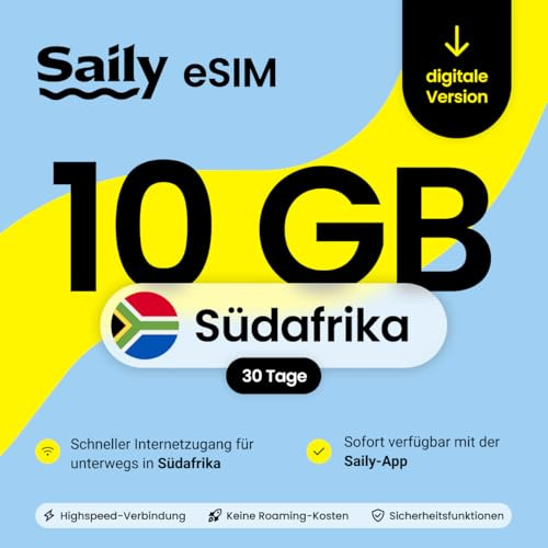 Saily, eSIM Datenpaket für Südafrika, 10GB/30 Tage, Sicherheitsfunktionen, Digitaler Code │ Südafrika
