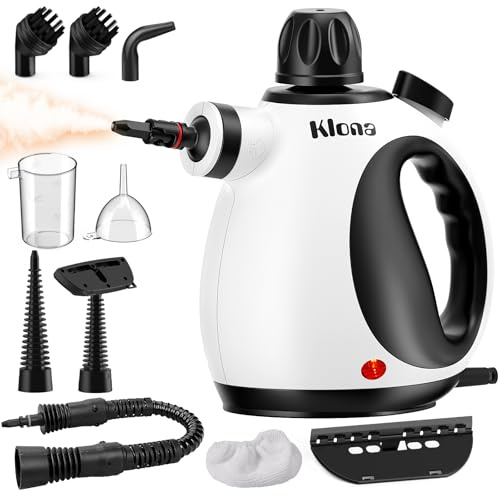 KLONA Pulitore a vapore manuale, pulitore a vapore per la casa, multiuso, con 10 accessori e serratura di sicurezza per tappeti, tende, divani, cucina
