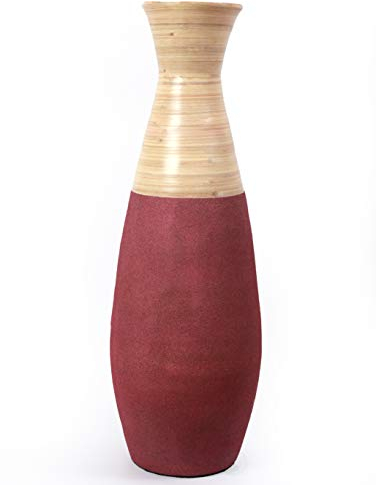 Handgefertigte Bambus-Bodenvase, 80 cm, Burgunderrot und natürliches Finish, dekorativer Akzent, große Bodenvase, nachhaltiger Bambus, Wohnzimmer, Esszimmer, Eingangsdekoration, einzigartiger Akzent