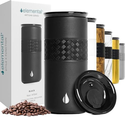Elemental Artisan Insulated Tumbler - Triple Wall Coffee Travel Tumbler, Reusable Stainless Steel Coffee Tumbler with Ceramic Lid - Thermal Coffee Cup - Hot (6 Hrs) & Cold (18 Hrs)-Matte Black -470 ml