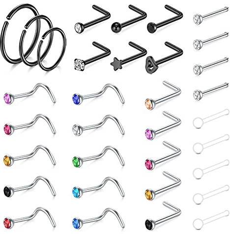 Incaton 33Stk Nasenpiercing 20G Nasenstecker Nasenring L Spiralpiercing Nasenpiercing Stud Piercing Schmuck 0.8mm