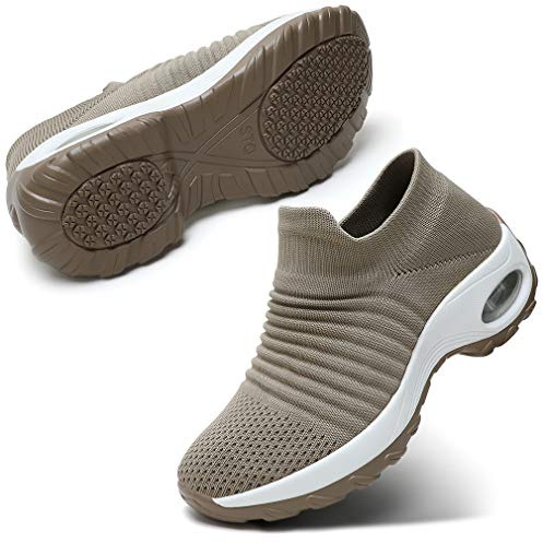 STQ Trainers Women Casual Walking Shoe with Memory Foam Taupe UK 8