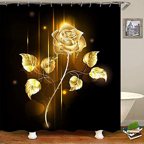 Ensemble de rideaux de douche noirs en tissu imperméable - Motif rose doré - Lavable en machine - Avec crochets blancs - 180 x 180 cm - Noir - 71 x 71 cm