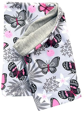 Wollhuhn Öko Leichter Jungen/Mädchen Jersey Schlupfschal/Halstuch/Loop Baumwolle Viele Motive Sommer/Übergangszeiten 20212030 (Schmetterlinge Grau/Rosa)