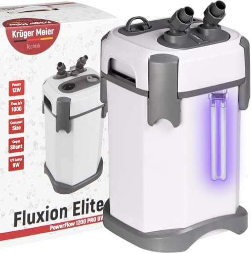 Krüger Meier Fluxion Elite 1200 UVC PRO – Filtro Esterno per Acquario 100-250L con Lampada UV 9W, 3 Cestelli, Silenzioso, Regolazione Portata, Skimmer, Accessori Inclusi