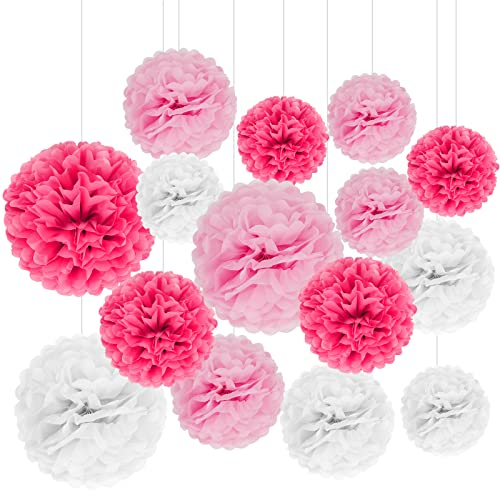 yumcute 15 Stück Rosa Seidenpapier Pom Poms Kit, 15er Pompons Deko Rosa Hochzeitsdeko Handgefertigte Pompons Papier Pompons Blumen Ball Dekorpapier Set für Geburtstag Hochzeit Taufe Konfirmation