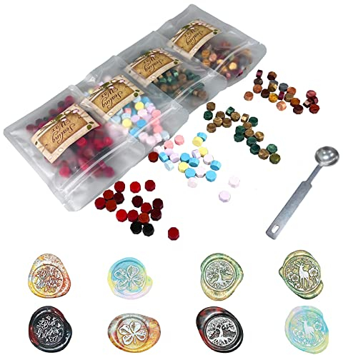 Siegelwachs perlen 170g/400Stück, siegellack, Stamp Wax for Sealing and Decorating Letters, 4 Packungen Wachsperlen in einzigartigen Farben und 1 Schmelzlöffel