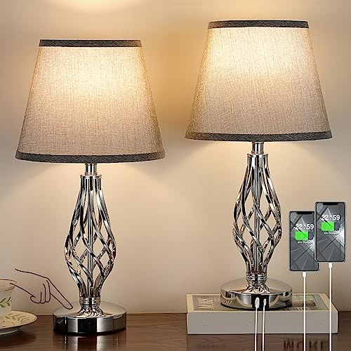 Aooshine Touch Table Lamps Set of 2, Bedside Lamps with USB-C USB-A Ports | Bedroom Lamps with Grey Shade and Spiral Cage Design Base, 3 Way Dimmable Table Lamp for Bedroom Living Room and Hotel