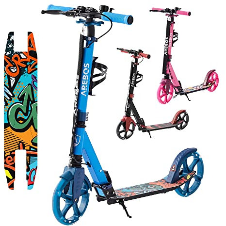 Arebos city scooter kick scooter height-adjustable | foldable | incl. carrying strap | LED wheels | hand pedal brake | front-rear suspension | children & adults | 100kg load capacity | Blue