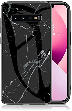 IMEIKONST Kompatibel mit Samsung Galaxy S10 Glitzer Hülle Gehärtetes Glas Rückseite + Stoßfest Weicher Bumper Handyhülle Marmor Ultradünne Schutzhülle für Samsung S10. Schwarz Silber LSM
