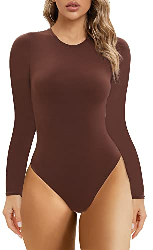 SHAPERX Damen Bodysuit - Langarm Rundhals T-Shirt Top mit Hoher Elastizität und Tanga, UK-SZ5242-Cocoa-2XL