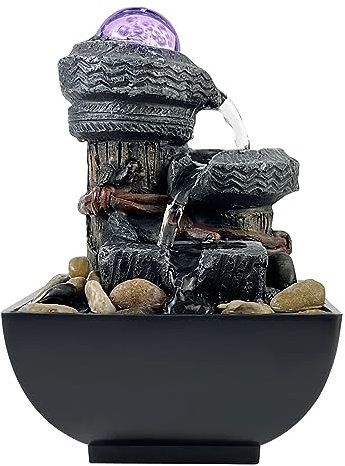 JOYENERGY Tabletop Fountain Waterfall Fountain with LED Light, Indoor Zen Meditation Desktop Fountain Includes Natural River Rolling Bubble Balls for Home and Office Decoration