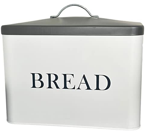 Darthome White Bread Bin With Grey Lid Metal Kitchen Storage Container Box Chrome Handle 34cm