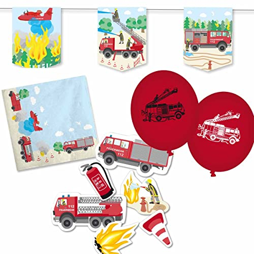 Firlefantastisch Der Partyshop Feuerwehr Dekoration Set - Servietten, Wimpelkette, Konfetti, Ballons - Kindergeburtstag - Rot, Weiß