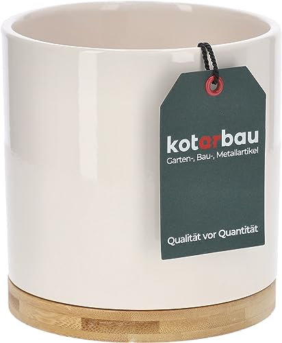 KOTARBAU® Pot de fleurs cylindrique en céramique Blanc Ø 13 cm avec base en bambou, Pot décoratif pour plantes d'intérieur et d'extérieur