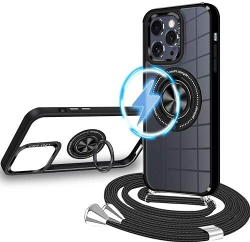 Handykette iPhone 15 Pro Max Hülle mit Band【Kompatibel mit MagSafe】iPhone 15 Pro Max Handyhülle mit Band Durchsichtige Schutzhülle mit Ring Transparent Hülle iPhone 15 Pro Max zum Umhängen Hard Case