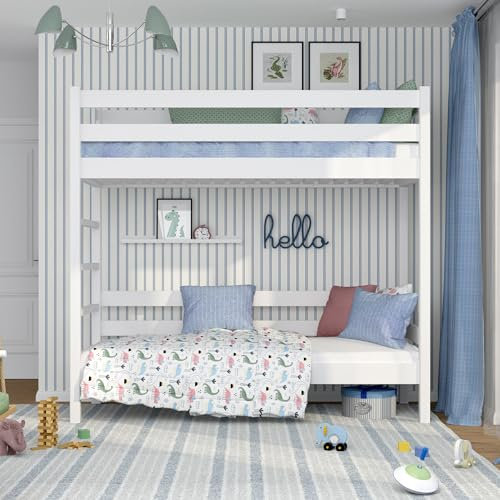 N-Wood N03 Etagenbett 120x200 cm, Kinderbett mit Leiter, 2 Leitermontageseiten: Links oder rechts, sichere abgerundete Kanten, Stabile Massivholzkonstruktion, Hochwertige Materialien, Weiß