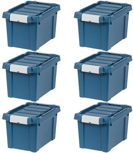 IRIS USA 5 Gallon Eco-Friendly Lockable Storage Bins with Lids, 6 Pack - Made in USA, Heavy Duty, Stackable Containers, Garage Organizing Bins Moving Tubs, Rugged Sturdy Equipment Utility Box - Navy
