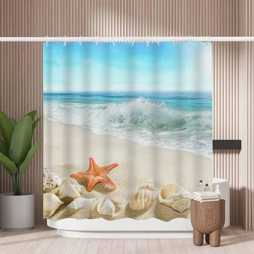 Woutay Shower Curtain Mould Proof Resistant Splashing Waves on The Beach,Water Repellant Fabric,Polyester,with 12 Plastic Hooks