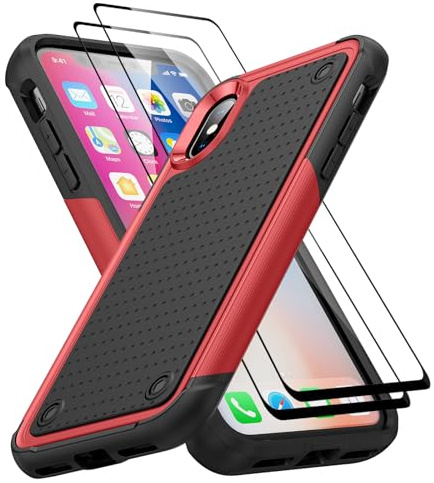 Jeylly for iPhone X/XS Case with [2 Pack] Tempered Glass Screen Protector, Military Grade Protection Anti-Scratch Shockproof Protective Phone Case for iPhone X/XS 5.8-inch, Red/Black