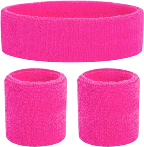 5X 3 in 1 Schweißband pink Set mit Stirnband - als Accessoire Vokuhila Kostüm zu Retro neon 80er 90er Outfit Fasching & Karneval