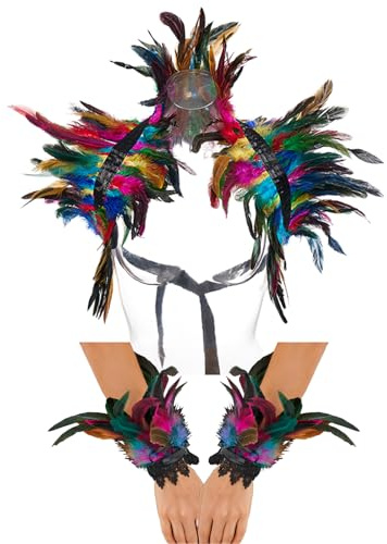 Niceyoeuk Women Natural Feather Cape with Wrist Cuffs Wristband Maleficent Costume Gothic Lacing Shawl Shrug Collar Feather Cape for Halloween Cosplay Christmas Party (Colorful 01)