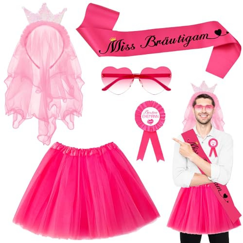 Lets Joy Männer JGA Kostüm, 5 Stück Männer Party Junggesellenabschied, Braut Kostüm Männer, JGA Outfit Männer, Frauenkostüm für Männer, Herz Sonnenbrille Schleier Hochzeit Geburtstag Party Zubehör