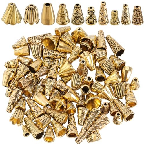 SOFPLATE 100 Stück 10 Stile Goldene Perlenkappen In Kegelform Blumen Perlenkappen Tibetischer Stil Legierung Antike Goldene Perlen Quasten Endkappen Für Die Herstellung von DIY Schmuckstücken Zubehör