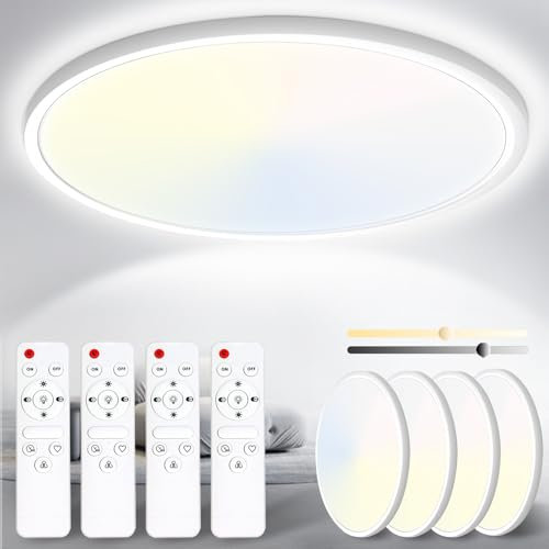 Yexati 4 Stücke LED Deckenleuchte, 24W 3200LM Deckenlampe Flach Dimmbar mit Fernbedienung 3000K-6500K, IP54 Ultra Dünn Schlafzimmer Lampe für Wohnzimmer Kinderzimmer Küche Badezimmer Ø29.5cm Rund Weiß