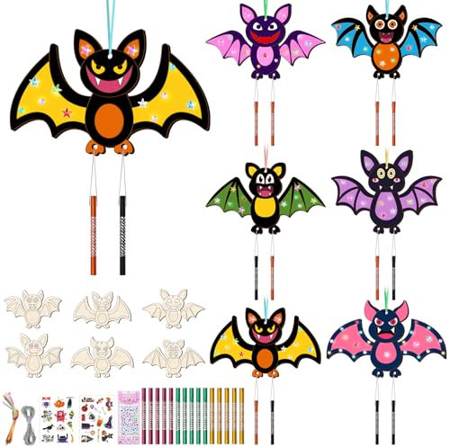 Nourdom 12 Stück Windspiel Bastelset Kinder Fledermaus Windspiel Bastelset Halloween Basteln Halloween Deko Kreative Holz Bastelhandwerk Aufkleber Hängende für Mädchen Junge Halloween