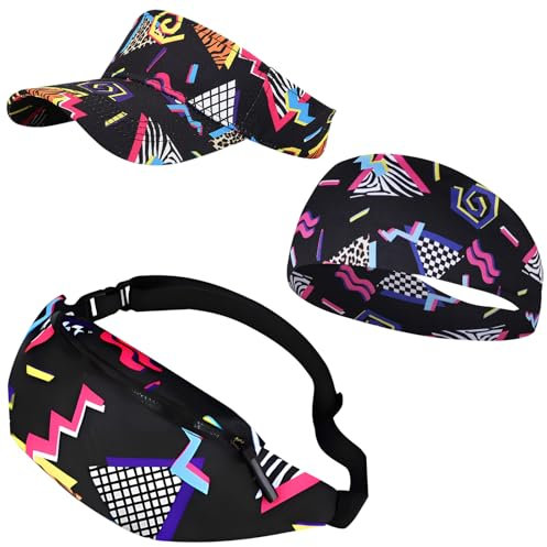 80s Fancy Dress Kostüm Set Adult Sports Hip Hop Zubehör (mit Sonnenschirm Hut, Haarband, Schulranzen) Fancy Dress Sports Hip Hop Kostüm Zubehör 80s 90s Adult Karneval Disco Party Kostüm (Black)