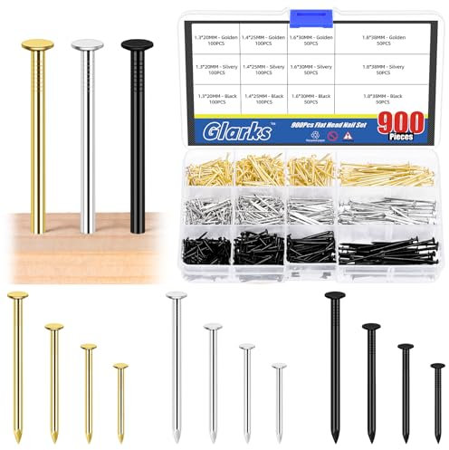 Glarks 900 conjuntos de uñas largas 20/25 / 30/38 mm, clavos colgantes negros, plateados, dorados, clavos decorativos, clavos de hardware para colgar paredes pintadas