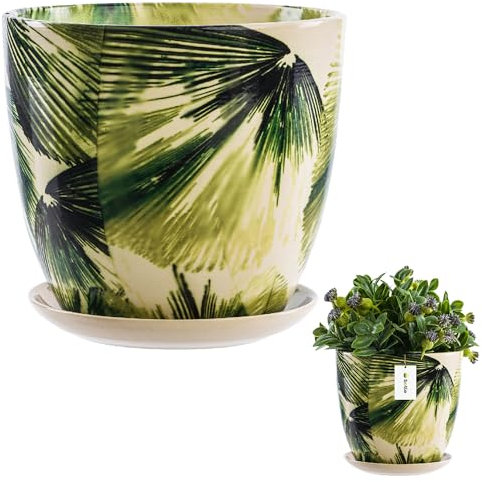 Blumentopf aus Keramik, Blumenabdeckung, Grün, Blätter Ø19,5 cm H 19 cm 5 L Glanz, Blumendekoration Moderner Glamour, ungewöhnliche Muster, florale Inspirationen,, Entwässerung, Blumen, Sukkulenten, K