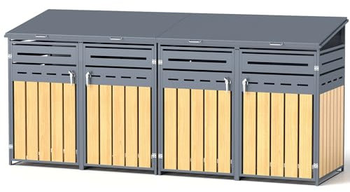 Youyijia Metallische Mülltonnenlagerung für 120-240 Liter, 284 x 85 x 130.5 cm, Holzmaserung Design, verzinktes Stahl-Müllschuppen, Außendeckel mit abschließbarer Tür für Garten und Hinterhof
