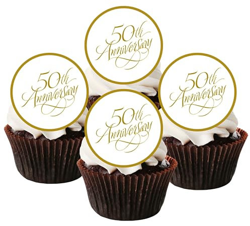 Gold 50th Anniversary Edible Cupcake Toppers – Golden Wedding Cake Decorations for 50 Celebrations & Parties – 24 x 4cm/1.5 Inch Discs (PRECUT)
