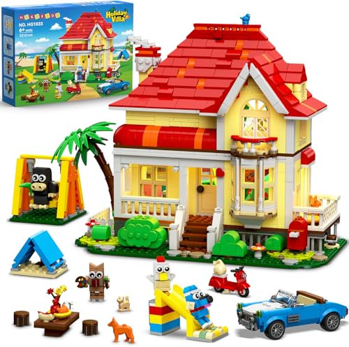 HOGOKIDS Friends Haus Bauspielzeug mit LED Licht - 1212 Teile City Villa Bausteine Spielzeug mit 4 Tieren & Auto Rutsche Schaukel, Geburtstag Geschenk für Mädchen Jungen Kinder ab 6 7 8 9 10 11+ Jahre