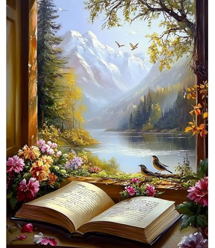 NEWENMO Hermoso Paisaje Pintar por Numeros Kit,Flores y Libros Pintura por Numeros Adultos,DIY Paint by Numbers Kits,con Pinceles y Pigmento Acrílico,para Decoración de Hogar(40x50cm,Sin Marco)