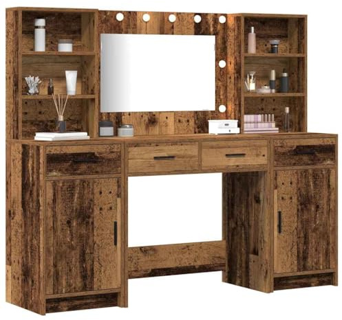 vidaXL Schminktischset mit LED 3 STK. Altholz Holzwerkstoff | Macht es einfacher, wenn du dich fertig machst, Jede Menge Platz für deine Sachen, Wunderschöner Look aus recyceltem Holz