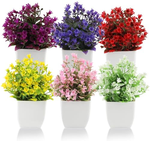 SWoob 6 Pack Mini Fake Plants Artificial Plants Indoor with Plastic Plant Pots Decorative Artificial Flowers for Home Accessories( White Pink Yellow Red Purple Lotus Color)
