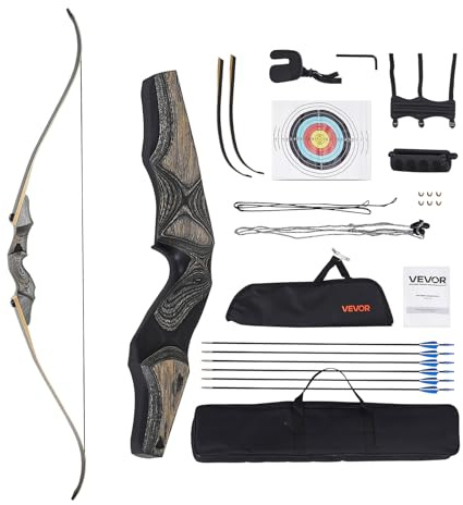 VEVOR Kit Arco Ricurvo e Frecce da 1524 mm Arco Ricurvo per Destrorsi in Legno, per Allenamento al Bersaglio all'Aperto, Caccia, per Principianti e Avanzati, Peso di Trazione 20,41 kg