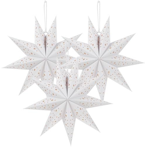 Operitacx 3pcs Christmas Paper Lantern Covers, Nine Pointed Star Lamp Shades Decorations, 35cm 3D Paper Hanging Ornaments Pendants for Ceiling Lights Outside Xmas Wedding，White(only Lampshade)