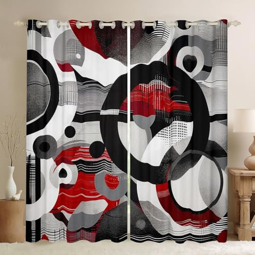Homewish Rideau Occultant 140x245 cm Circles Géométriques Abstraits, Rideau Rouge Noir Blanc, Rideaux Voilage Esthétique Moderne, Voilage Fenetre Minimaliste pour Chambre Salon