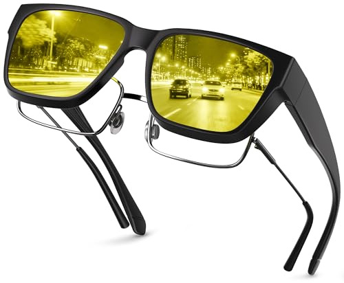 kunchu Nachtsichtbrille-Nachtfahrbrille Herren für Brillenträger Polarisierte Nachtsichtbrille für Autofahrer Ultra Leicht Nachtbrille zum Autofahren Überzieh Sonnenbrille-Schwarz
