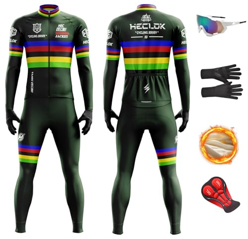 HECLOK Completo Ciclismo Invernale Uomo Manica Lunga – 9D Gel, Antivento | 9D Gel, maglia termica in pile, salopette inclusa, 3 tasche posteriori, antivento, per bici da corsa e MTB