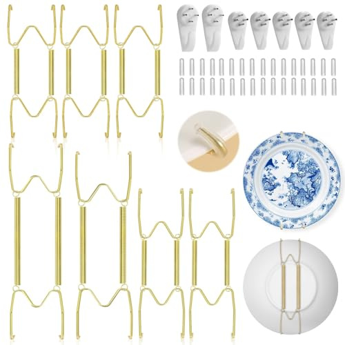 Frizlryem 7 Stücke Unsichtbare Telleraufhänger für die Wand - 6/8/10/12 Zoll Edelstahl Tellerhalter Wand, Verstellbare Wandteller Halterung für 5.5-12.5 Zoll-Dekorteller und Kunstwerke (Gold)