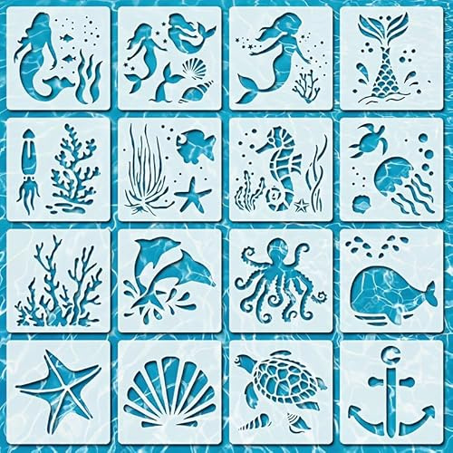 Alwodici 16Pcs Sea Animal Stencils Reusable Stencils for Painting Marine Creature Drawing Stencil Mermaid Whale Seahorse Ocean-Themed Template for Painting DIY Crafts Wood Wall Spray Paint Home Decor